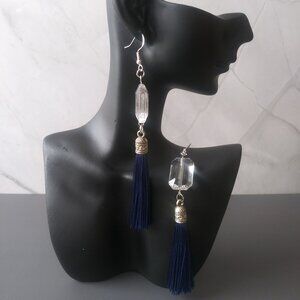 Boho Tassel Earrings with Clear Crystal Bead & Navy Fringe Sterling Silver Hooks